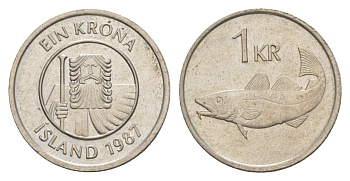 Исландия 1 крона 1987 треска KM 27 медно-никель UNC 4633-1255