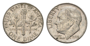 США 10 центов (дайм) 1969 Рузвельт KM 195a медь плакированная медно-никелем 4674-538