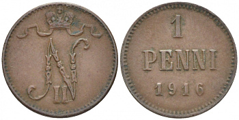 РОССИЯ ДЛЯ ФИНЛЯНДИИ 1 ПЕННИ 1916 НИКОЛАЙ II (1895-1917) KM 13, Биткин 476 медь 211-1111