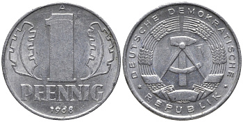 ГДР 1 ПФЕННИГ 1968 А KM 8.1 алюминий 4532-1026