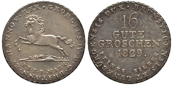 Брауншвейг-Каленберг-Ганновер 16 гутергрошенов 1829 король Георг IV (1820-1830) J 23 h, AKS 38 серебро  aUNC  11-119-23