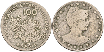 Бразилия 100 рейс 1901 голова свободы вправо KM 503 медно-никель 4589-1027