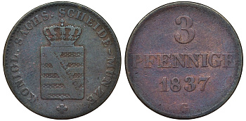 Саксония 3 пфеннига 1837 G KM 1136 медь 51-2456