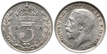 Великобритания 3 пенса 1913 Георг V (1910-1936) KM 813, Spink 4015 серебро 214-136
