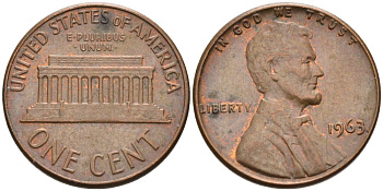 США 1 цент 1963 Линкольн KM 201 медь цинк 4564-416