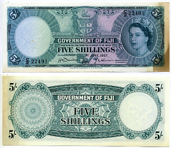 Фиджи 5 шиллингов 1957 1 ИЮНЯ 1957, Елизавета II Pick 51а бумага XF-UNC 00-00