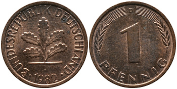 ФРГ 1 ПФЕННИГ 1982 D KM 105, J.380 сталь плакированная медью 96-1117