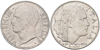 ИТАЛИЯ 20 ЧЕНТЕЗИМО 1941 R, ГОД XIX, ВИКТОР ЭММАНУИЛ III (1900-1946) KM 75b, VEM3. 1028 нержавеющая сталь 3853-1133