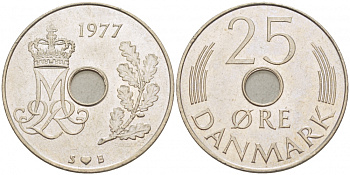 ДАНИЯ 25 ЭРЕ 1977 S; B, МАРГРЕТЕ II (1972-) KM 861.1 медно-никель 3996-936