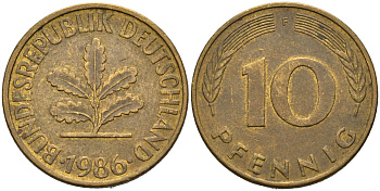 ФРГ 10 ПФЕННИГОВ 1986 F KM 108, J.383 сталь плакированная латунью 75-654