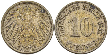 ГЕРМАНИЯ 10 ПФЕННИГОВ 1911 A KM 12, J. 13, Weege 8 медно-никель 212-134