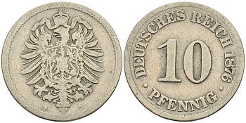 ГЕРМАНИЯ 10 ПФЕННИГОВ 1876 B, СТАРОГЕРБОВКА KM 4, J. 4 медно-никель 4401-255