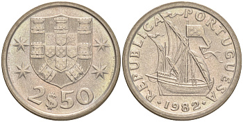 ПОРТУГАЛИЯ 2,5 ЭСКУДО 1982 ПАРУСНИК KM 590 медно-никель 192-816