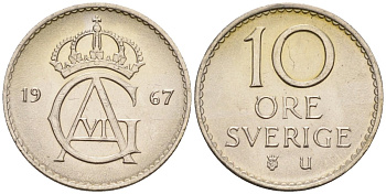 Швеция 10 эре 1967 U, Густав VI Адольф (1950-1973) KM 835 медно-никель UNC 4585-358