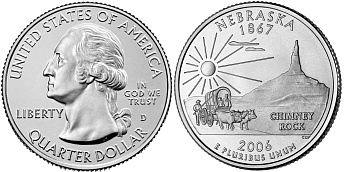 США 25 центов (квотер) 2006 D, серия штаты США, Небраска KM 383 медь плакированная медно-никелем  UNC  M20-12