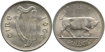 ИРЛАНДИЯ 1 ШИЛЛИНГ 1966 БЫК KM 14а медно-никель 4525-1153