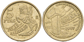 Испания 5 песет 1997 Хуан Карлос I (1975-2014), Балеарские острова, всадник KM 981 алюминиевая бронза 4608-327