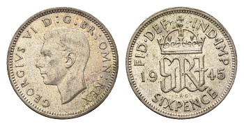 Великобритания 6 пенсов 1945 Георг VI (1936-1952) KM 852, Spink 4084 серебро 4644-1268