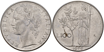 Италия 100 лир 1976 R, Афина у оливкого дерева KM 96.1 нержавеющая сталь 4149-1221