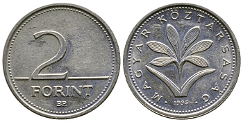 ВЕНГРИЯ 2 ФОРИНТА 1995 ВР KM 693 медно-никель 176-636