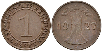 Германия 1 рейхспфенниг 1927 D KM 37, J.313, Weege 2 медь 4585-561