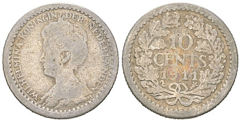 Нидерланды 10 центов 1911 Вильгельмина (1890-1948) KM 145 серебро 4152-1043