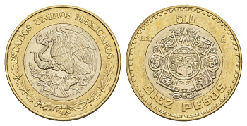 Мексика 10 песо 1998 Мо, бог Тонатиуха с огненной маской KM 616 биметалл aUNC 4637-722