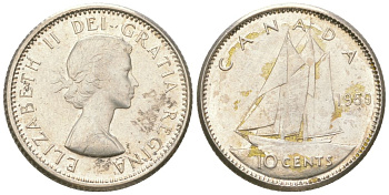 Канада 10 центов 1959 парусник, Елизавета II (1952-2022) KM 51 серебро 4615-961