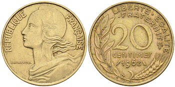 Франция 20 сантимов 1968 тип Марианна KM 930 медь алюминий никель 4116-517