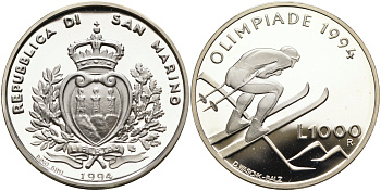 Сан-Марино 1000 лир 1994 XVII зимние Олимпийские игры в Лиллехаммере, слалом KM 316 серебро PROOF 1096-4-44