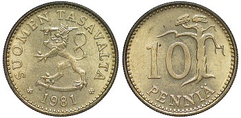 ФИНЛЯНДИЯ 10 ПЕННИ 1981 K KM 46 алюминиевая бронза 3334-1138