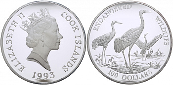 Острова Кука 100 долларов 1993 серия сохраним наш мир, журавли, 155 грамм KM 158 серебро PROOF 01-097-22-2