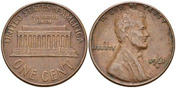 США 1 цент 1961 D, Авраам Линкольн KM 201 медь цинк 4115-825