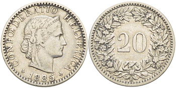 ШВЕЙЦАРИЯ 20 РАППЕНОВ 1885 KM 29а медно-никель 4544-335