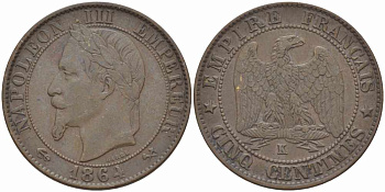 ФРАНЦИЯ 5 САНТИМОВ 1864 K, НАПОЛЕОН III (1852-1870) KM 797.3, LE FRANC 117.13 бронза 108-546