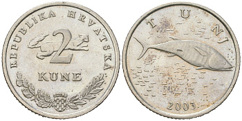 Хорватия 2 куна 2003 тунец, легенда на хорватском KM 10 медь цинк никель aUNC 4448-1226