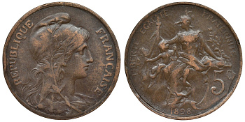 Франция 5 сантимов 1898 тип Даниэль Дюпуи KM 842, Le Franc 119.5 бронза 4128-115