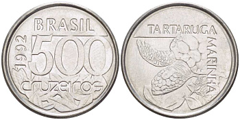 Бразилия 500 крузейро 1992 морская черепаха KM 624 нержавеющая сталь 4396-616