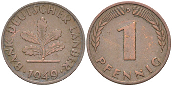ФРГ 1 ПФЕННИГ 1949 D KM A101, J. 376 сталь плакированная медью 4181-532