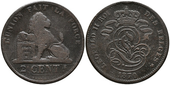 БЕЛЬГИЯ 2 САНТИМА 1870 BELGES KM 35.1 медь 4398-1056