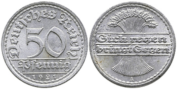ГЕРМАНИЯ 50 ПФЕННИГОВ 1921 A KM 27, J. 301 алюминий 24-1026