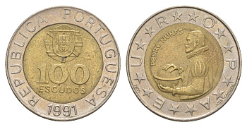 Португалия 100 эскудо 1991 Педру Нуниш (1502-1578), математик KM 645 биметалл 4388-356