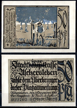 Ашерслебен (Пруссия, Саксония) 50 пфеннигов 1921 Mehl Grabowski 50.6-3.2/5 бумага UNC (пресс) 7556-46-1-1