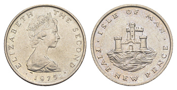 Остров Мэн 5 пенсов 1975 PM, Елизавета II (1952-2022) KM 22 медно-никель UNC 4652-746
