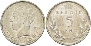 Бельгия 5 франков 1936 Леопольд III (1934-1951), Belgie KM 109 никель 3851-516