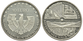 ФРГ 10 евро 2005 D, национальный парк, баварский лес KM 241, DE.S. 10.19 серебро PROOF 1515-2324