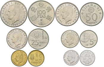 Испания официальный набор из 6 монет (50 сентимов; 1, 5, 25, 50 и 100 песет) 1980 чемпионат мира по футболу в Испании 1982 года KM MS11 (815, 816, 817, 818, 819 и 820)  UNC 4399-1-3