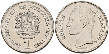 Венесуэла 1 боливар 1989 Симон Боливар KM 52а.2 сталь плакированная никелем 4110-1526