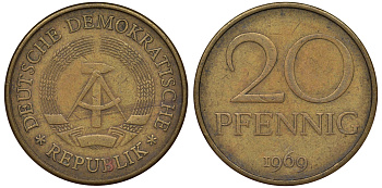 ГДР 20 пфеннигов 1969 А, первый год KM 11 латунь 62-942