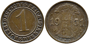 ГЕРМАНИЯ 1 РЕЙХСПФЕННИГ 1931 F KM 37, J. 313 бронза 4387-1128